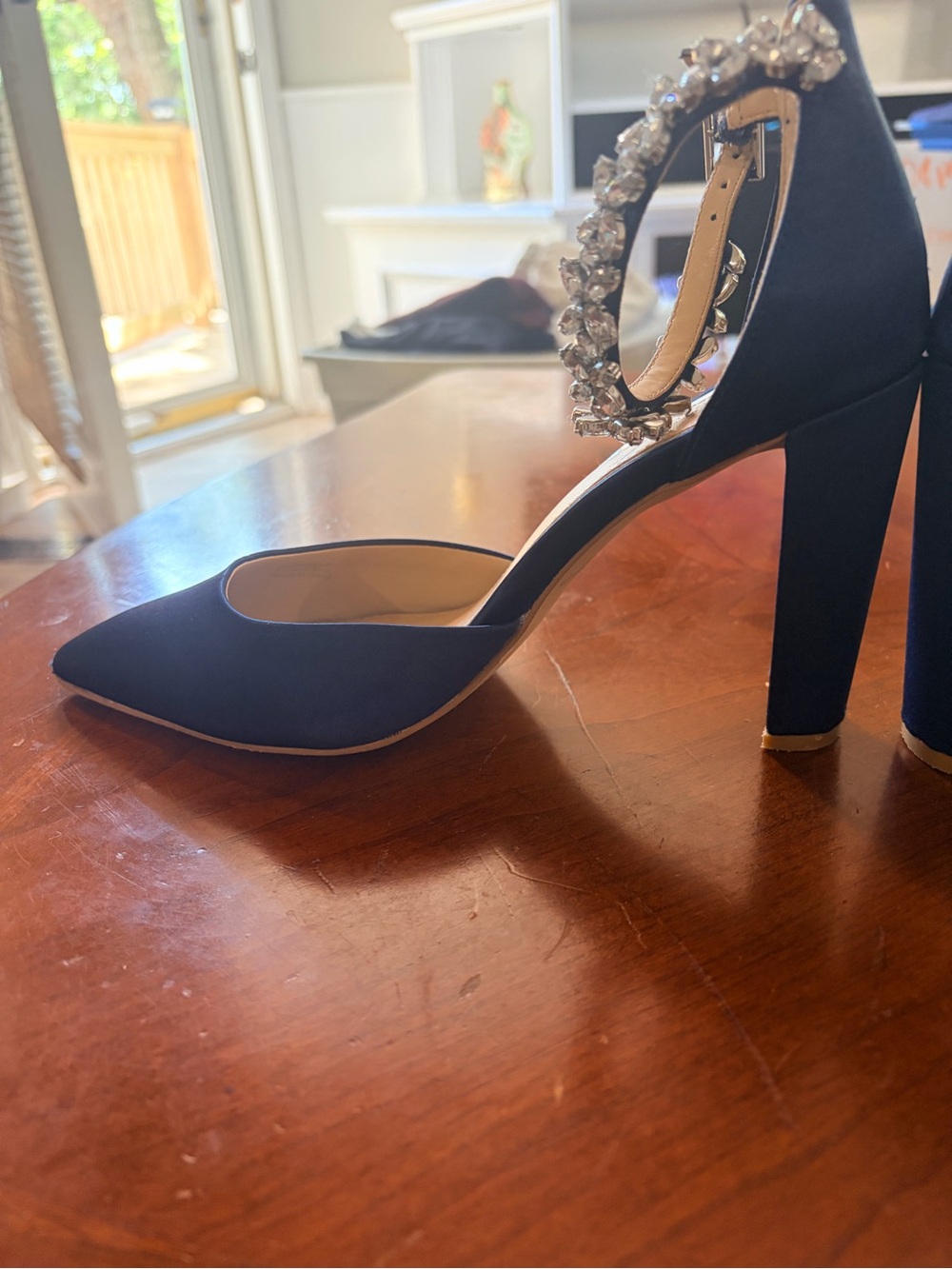 Jewel Badgley Mischka Blue Satin Pointed-Toe Heels with Crystal Ankle Straps - Picture 5 of 10